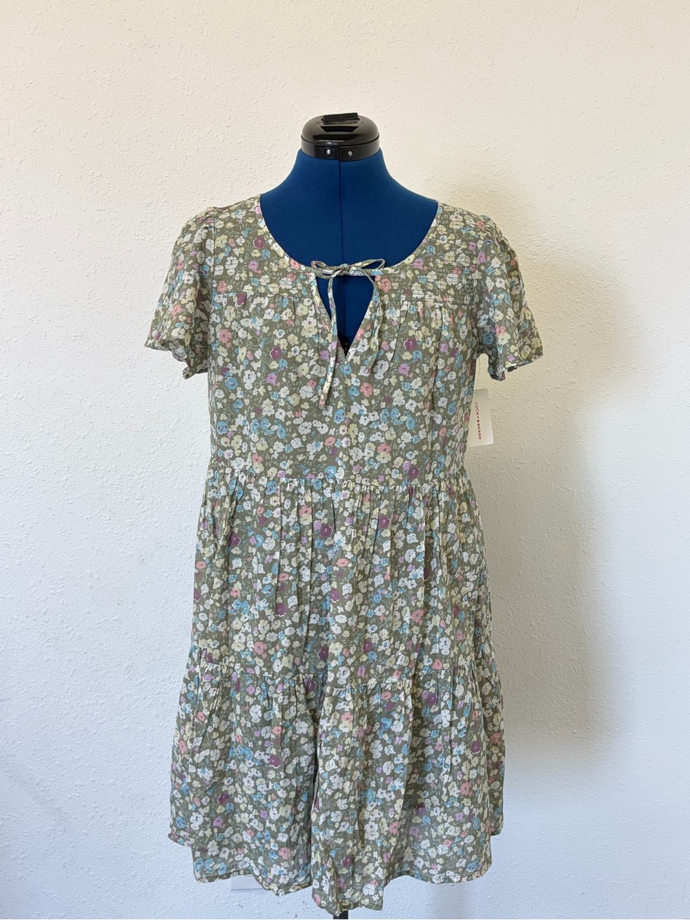 NWT Lucky Brand Floral Green Tiered Mini Dress Size S